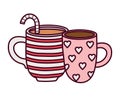 Happy valentines day, cup chocolate and coffee cup with hearts and stripes