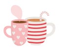 Happy valentines day, cup chocolate and coffee cup with hearts and stripes