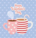 Happy valentines day, cup chocolate and coffee cup with hearts and stripes