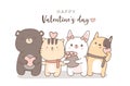 Happy valentines day with cute animal cartoon hand drawn style.vector