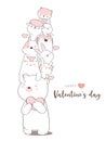 Happy valentines day with cute animal cartoon hand drawn style