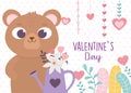 Happy valentines day, cute bear watering can flowers hearts love