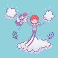 Happy valentines day, cute boy in love and cupid clouds flowers romantic