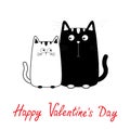 Happy Valentines Day. Cute cartoon black white cat boy and girl family. Kitty couple on date. Big mustache whisker. Funny Royalty Free Stock Photo