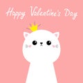 Happy Valentines Day. Cute cat kitten. Kawaii kitty animal. Golden crown. Cartoon funny baby character. Kids print for poster, t-