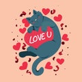 Happy Valentines Day with cute cat and love you, Valentines Day background and happiness cat