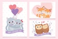 Happy valentines day cute cats owls foxes love hearts floral cards