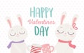 Happy valentines day, cute couple bunnies with coffee cups