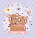 Happy valentines day cute couple embraced bears heart cupcake message love Royalty Free Stock Photo