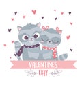 Happy valentines day cute couple embraced raccoons with scarf love hearts Royalty Free Stock Photo