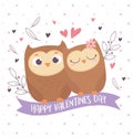 Happy valentines day cute couple owls heart love floral decoration