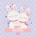 Happy valentines day cute couple rabbits hugging love hearts background