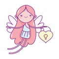 Happy valentines day, cute cupid with padlock shaped heart