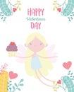 Happy valentines day, cute cupid with sweet cupcake hearts love