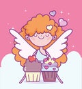 Happy valentines day, cute cupid with sweet cupcakes love