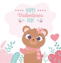 Happy valentines day, cute female bear with flower hearts love romantic