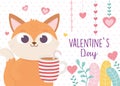 Happy valentines day, cute fox with cup chocolate and candy cane hearts love foliage Royalty Free Stock Photo