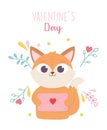 Happy valentines day, cute fox with envelope letter flowers foliage