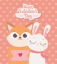 Happy valentines day, cute fox with envelope letter and rabbit with scarf and hearts decoration