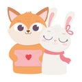 Happy valentines day, cute fox with envelope letter and rabbit with scarf love