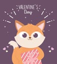 Happy valentines day, cute fox with gift box hearts love dark background