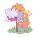 Happy valentines day, cute girl and cupid with tree grass sunny day cartoon