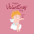 Happy Valentines day. Cute little cupid sitting on the cloud and sending kisses.