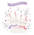 Happy valentines day cute white couple rabbits ribbon card