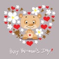 Happy valentines Day Design with Cute Bear, Heart and Flower - Flat Design Royalty Free Stock Photo