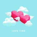 Happy Valentines Day design, Love time banner. couple of flying red hearts with white wings and clouds in blue sky Royalty Free Stock Photo