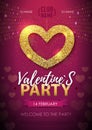 Happy Valentines day disco party poster. Golden sparkle love heart