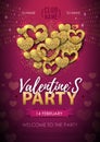 Happy Valentines day disco party poster. Golden sparkle love heart