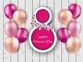 Happy valentines day discount flyer. Beautiful background with realistic balloons on a wooden texture. Vector illustration with Royalty Free Stock Photo
