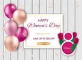 Happy valentines day discount flyer. Beautiful background with realistic balloons on a wooden texture. Vector illustration with Royalty Free Stock Photo