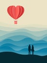 Happy valentines day double exposure vector illustration with paper cut red heart shape origami made hot air balloons flying in sk