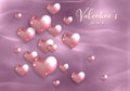 Happy Valentines day elegant card. 3D glossy pink glass hearts on old rose paper background. Fashion Holiday poster, jewels Royalty Free Stock Photo