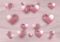 Happy Valentines day elegant card. 3D glossy pink glass hearts on old rose paper background. Fashion Holiday poster, jewels Royalty Free Stock Photo