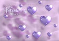 Happy Valentines day elegant card. 3D glossy purple glass hearts on old rose paper background. Fashion Holiday poster, jewels Royalty Free Stock Photo