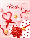 Happy Valentines Day festive banner. Vector illustration with 3D lollipop,red ribbons, gift box and Golden confetti Royalty Free Stock Photo