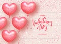 Happy Valentines Day Festive Card. Beautiful Background with heart shaped air balloons on Wooden Texture. Vector