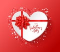 Happy Valentines Day Festive Card. Heart box with red pattern and bow. Vector Illustration.