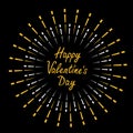 Happy Valentines Day. Festive fireworks decoration. Star sparkle set round frame. Cracker light. Golden color. Firecracker burst.