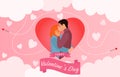 happy valentines day flat background with embracing and kissing couple on background from the hearts, clouds and arrows