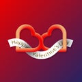 Happy Valentines Day fluid 3d symbol of two connected hearts with ribbon. Creative emblem for greeting card design Royalty Free Stock Photo