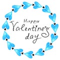 Happy Valentines Day. Frame of blue watercolor hearts. Background template for greeting cards, declarations of love, web