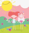 Happy valentines day, funny cupids with hearts flowers sunny day cartoon