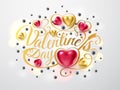 Happy Valentines day. Gold font composition with arrow, red and gold hearts, silver beads on background. Vector