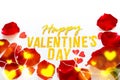 Happy Valentines Day gold text greeting card with red rose petals and shiny hearts bokeh on white wooden Background Royalty Free Stock Photo