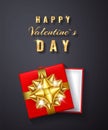 Happy Valentines Day Golden glitter sparkle. Gift box with bow and ribbon top view. Element for decoration gifts, greetings, Royalty Free Stock Photo