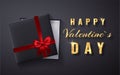 Happy Valentines Day Golden glitter sparkle. Gift box with bow and ribbon top view. Vector illustration Royalty Free Stock Photo